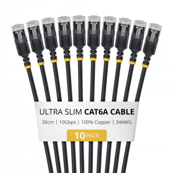 StarTech.com Slim Καλώδιο Patch Cat6a U/FTP RJ45, 0,3 m, Μαύρο, Συσκευασία 10 τεμ.