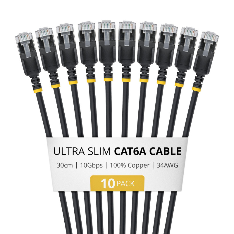 StarTech.com Slim Καλώδιο Patch Cat6a U/FTP RJ45, 0,3 m, Μαύρο, Συσκευασία 10 τεμ.