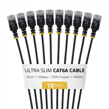 StarTech.com Slim Καλώδιο Patch Cat6a U/UTP RJ45, 0,3 m, Μαύρο, Συσκευασία 10 τεμ.