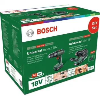 Bosch DIY Σετ UniversalImpact 18V + AdvancedOrbit 18V, 2x 2,0Ah Li-Ion Μπαταρία, Επαναφορτιζόμενο Κρουστικό Δραπανοκατσάβιδο + Επαναφορτιζόμενος Έκκεντρος Τριβείας, Πράσινο (06039D410A)