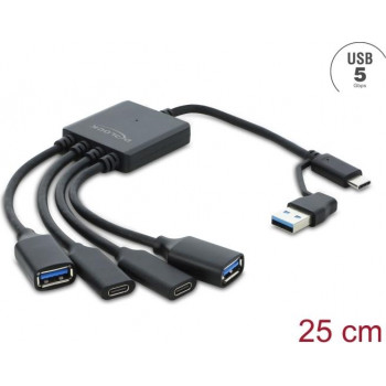 Delock 4 Port USB 5 Gbps Καλώδιο-Hub με βύσμα USB Type-C™ ή USB Type-A σε 2 x υποδοχή USB Type-A + 2 x υποδοχή USB Type-C™ - 25 cm (64375)