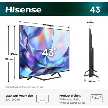 Hisense 43A7S 43 inch QLED 4K VidaaOS 60Hz Dolby Vision IQ 2026 Τηλεόραση
