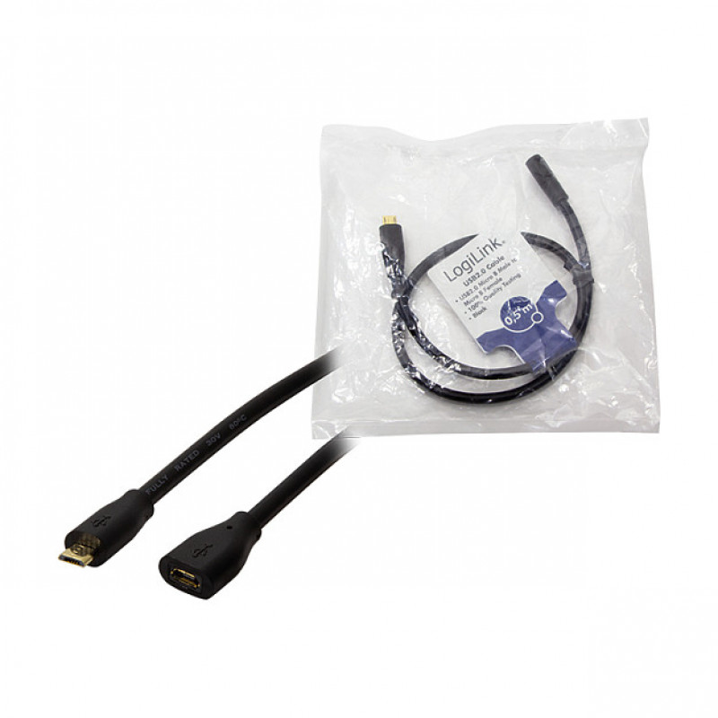 LogiLink CU0120 Καλώδιο επέκτασης USB 2.0, βύσμα Micro-USB B αρσενικό σε υποδοχή Micro-USB B θηλυκή, 0,5 m, μαύρο