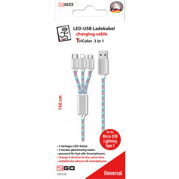 2GO καλώδιο USB USB-B σε USB-C/Micro-USB-B/Lightning, 1,5 m, πολύχρωμο