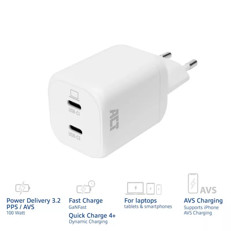 ACT Φορτιστής USB-C 100W 2 θυρών με Power Delivery 3.2, PPS, AVS, QuickCharge και GaNFast