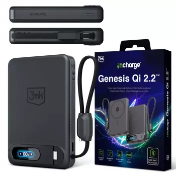 3mk incharge Genesis Qi2 25W ασύρματος φορτιστής + PD 45W με ενσωματωμένο καλώδιο USB-C, Μαύρο