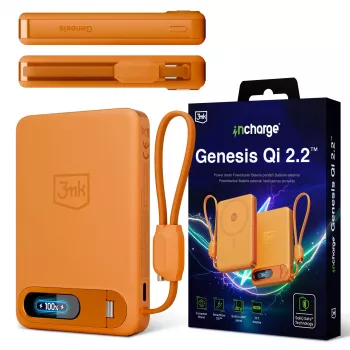 3mk incharge® Genesis Qi 2 25W ασύρματος φορτιστής + PD45W, ενσωματωμένο καλώδιο USB-C, Πορτοκαλί