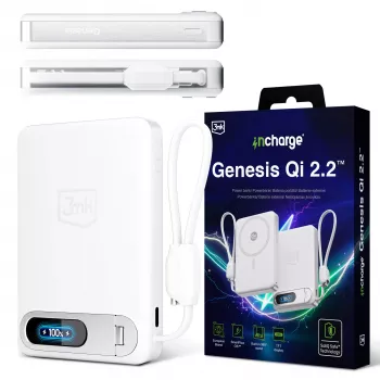 3mk incharge® Genesis Qi 2 25W ασύρματος φορτιστής + PD45W, ενσωματωμένο καλώδιο USB-C, Λευκό