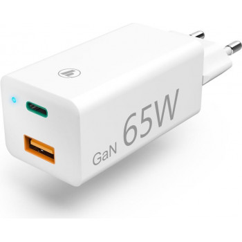 Hama φορτιστής GaN, USB-C Power Delivery (PD) + USB-A QC3.0, 65W, λευκό