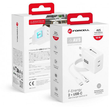 Forcell F-Energy GaN III Crystal Color VT-60 60W PD QC 4.0 2x USB-C Φορτιστής τοίχου λευκό + καλώδιο