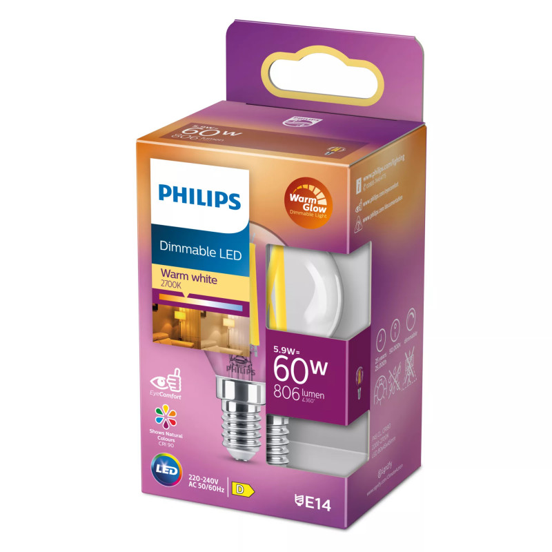 Philips LED classic WarmGlow Λαμπτήρας 60W E14, σταγόνα, διάφανος, dimmable