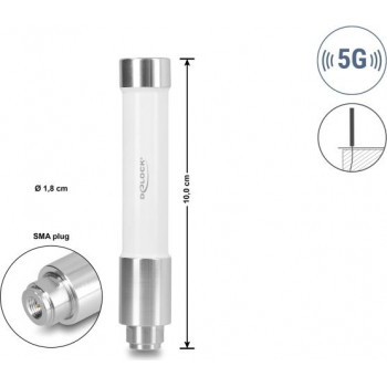 Delock κεραία 5G 3700 - 4200 MHz βύσμα SMA 3 dBi παγκατευθυντική σταθερή εξωτερικού χώρου λευκή 10 cm