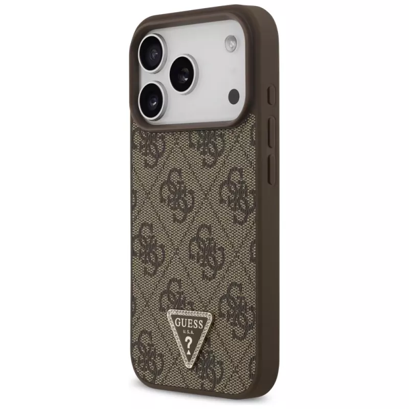 Guess δερμάτινη 4G Triangle Strass θήκη MagSafe για iPhone 18 Pro / 17 Pro, καφέ