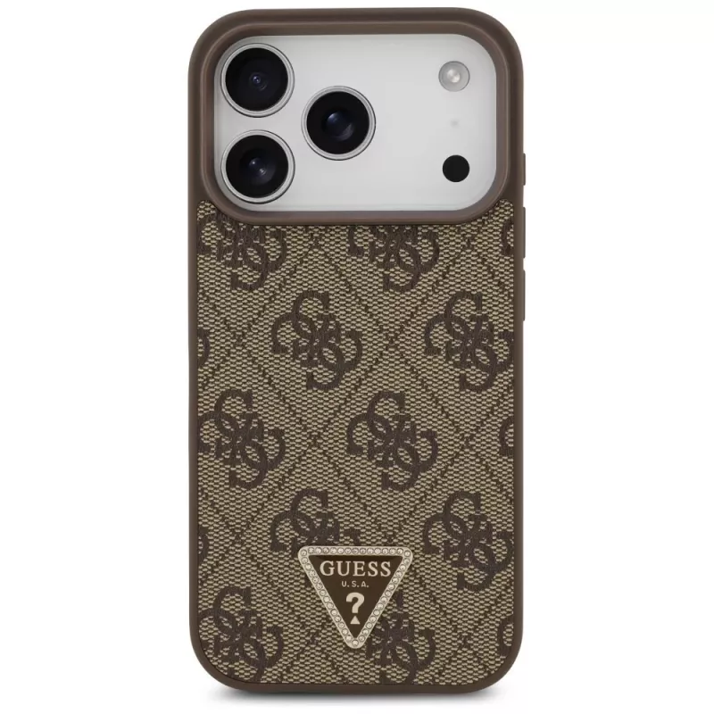 Guess δερμάτινη 4G Triangle Strass θήκη MagSafe για iPhone 18 Pro / 17 Pro, καφέ