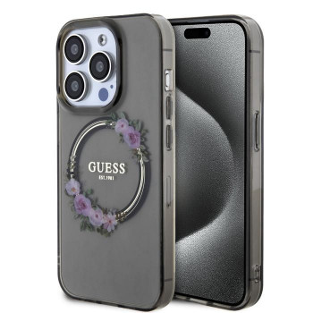 Guess PC/TPU Flowers Ring Glossy Logo MagSafe Θήκη για Apple iPhone 15 Pro, διάφανη μαύρη (GUHMP15LHFWFCK)