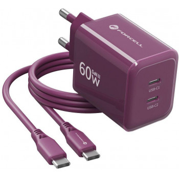 Forcell F-Energy GaN III VT-60 60W PD QC 4.0+ 2x USB-C μπορντό τροφοδοτικό + καλώδιο USB-C