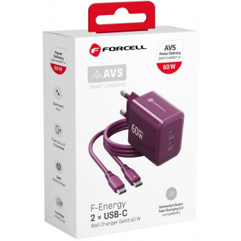 Forcell F-Energy GaN III VT-60 60W PD QC 4.0+ 2x USB-C μπορντό τροφοδοτικό + καλώδιο USB-C