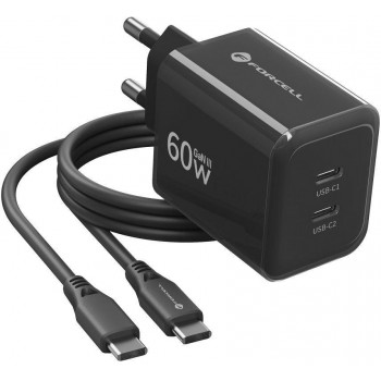 Forcell F-Energy GaN III VT-60 60W PD QC 4.0+ 2x USB-C τροφοδοτικό μαύρο + καλώδιο USB-C