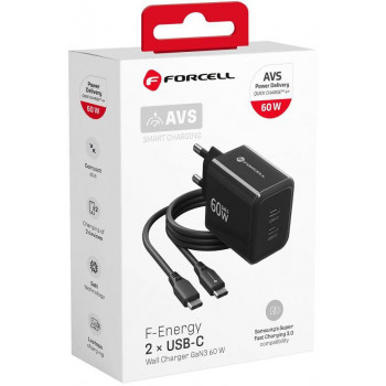 Forcell F-Energy GaN III VT-60 60W PD QC 4.0+ 2x USB-C τροφοδοτικό μαύρο + καλώδιο USB-C
