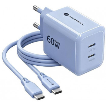 Forcell F-Energy GaN III VT-60 60W PD QC 4.0+ 2x USB-C τροφοδοτικό μπλε + καλώδιο USB-C