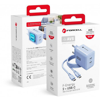 Forcell F-Energy GaN III VT-60 60W PD QC 4.0+ 2x USB-C τροφοδοτικό μπλε + καλώδιο USB-C