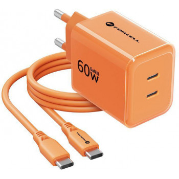 Forcell F-Energy GaN III VT-60 60W PD QC 4.0+ 2x USB-C τροφοδοτικό πορτοκαλί + καλώδιο USB-C