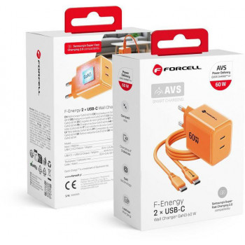 Forcell F-Energy GaN III VT-60 60W PD QC 4.0+ 2x USB-C τροφοδοτικό πορτοκαλί + καλώδιο USB-C