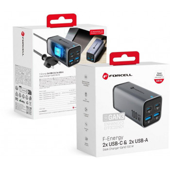 Forcell F-Energy GaN III VT-49 Φορτιστής γραφείου, 2x USB-C + 2x USB-A, PD, QC 4.0, 100 W, Γκρι