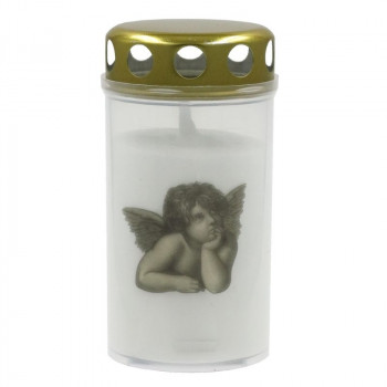 Candela κερί μνήματος με καπάκι 5,6x11,5cm, διάρκεια καύσης ~40h, λευκό με εκτύπωση αγγέλου