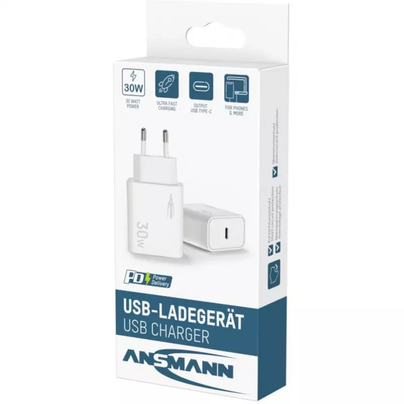 Ansmann Home Charger HC130PD φορτιστής USB, 1x USB-C, PPS, PD, Quick Charge, 30 W, λευκός
