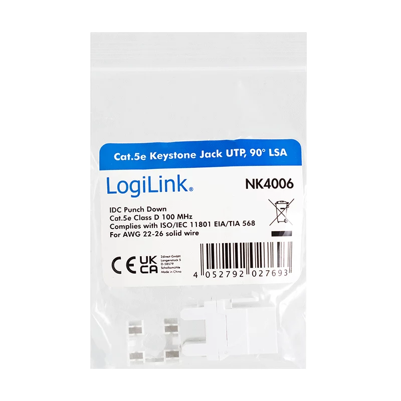 LogiLink NK4006 μονάδα keystone RJ45, Cat.5e UTP, σύνδεση διάτρησης 90°, λευκή