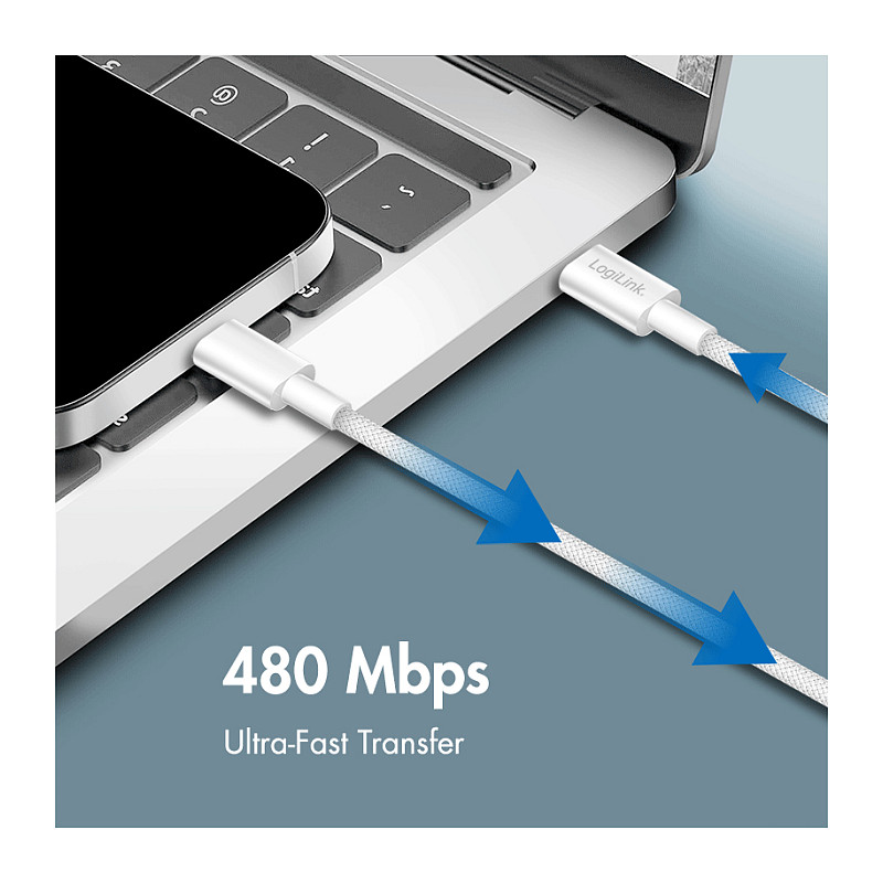 LogiLink CU0341 καλώδιο USB 2.0 Type-C, C/M σε C/M, 480 Mbps, 60 W, νάιλον, λευκό, 1 m