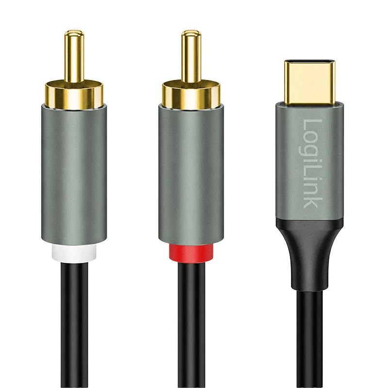 LogiLink CUA0142 καλώδιο USB 2.0 Type-C σε 2x RCA, στερεοφωνικός ήχος, αλουμίνιο, μαύρο/ασημί, 2 m