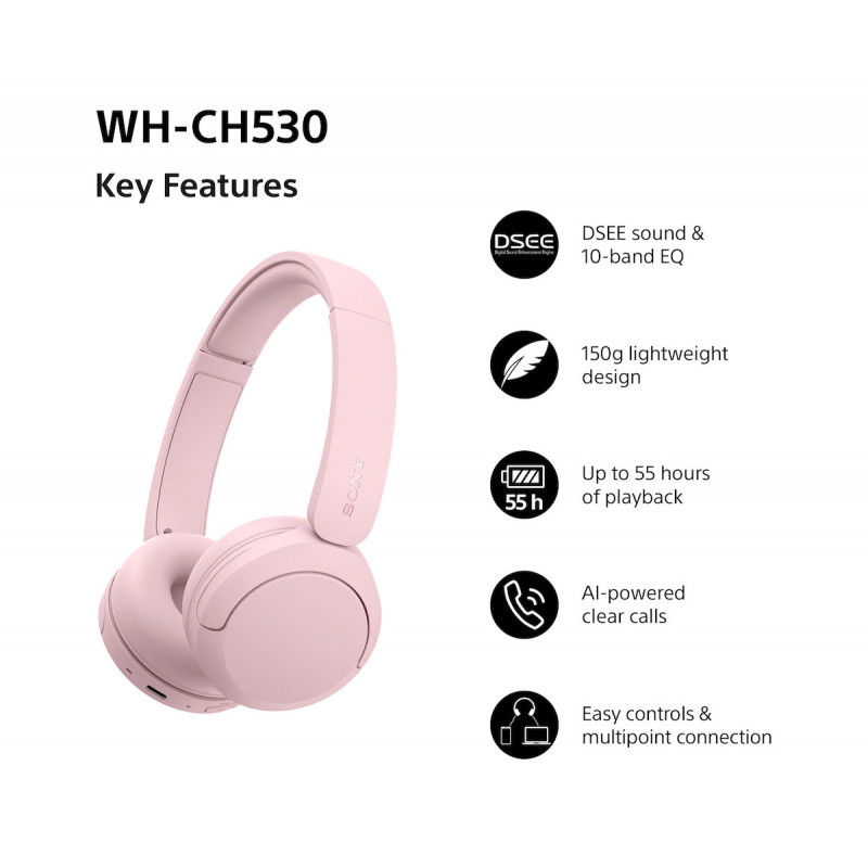 Sony WH-CH530 ακουστικά Bluetooth on-ear με μικρόφωνο, μείωση θορύβου, ροζ