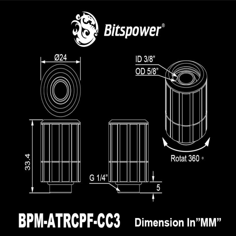 Bitspower Artemis BPM-ATRCPF-CC3-SL ευθύ περιστρεφόμενο ρακόρ, αρσενικό σπείρωμα G1/4 για σωλήνα 16/10 mm, ασημί με αμμοβολή