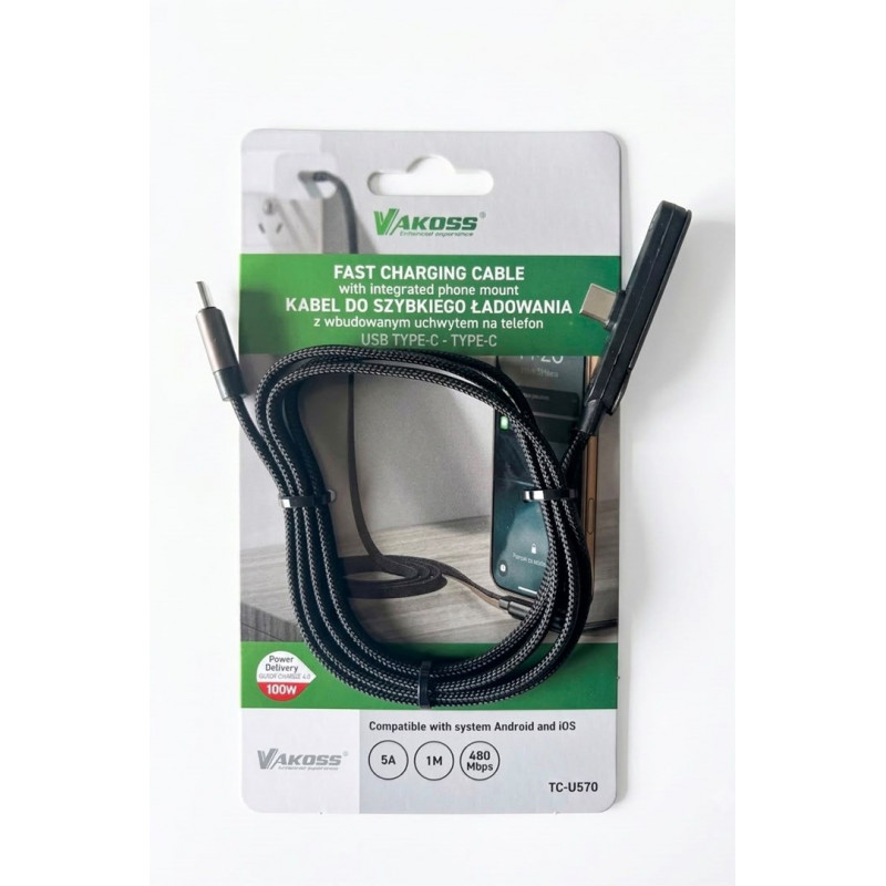 Vakoss TC-U570 καλώδιο USB-C σε USB-C με λειτουργία βάσης, 100 W, 1 m, μαύρο
