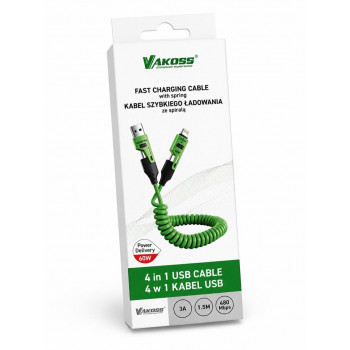 Vakoss MLU680G καλώδιο 4 σε 1, 1,5 m, 60 W, 3 A, QC/PD, πράσινο