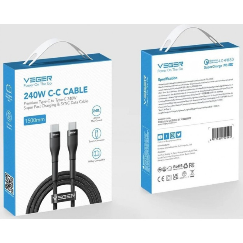 Veger CC03 καλώδιο USB-C σε USB-C, PD 48 V 5 A 240 W, 1,5 μ., μαύρο
