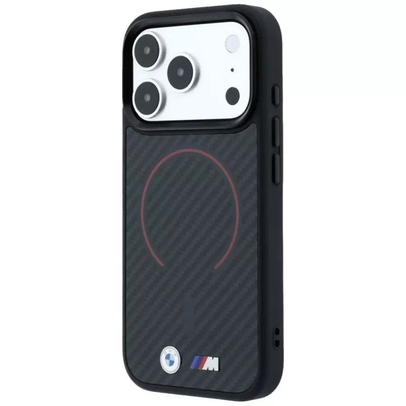 Θήκη BMW M Kevlar Red Print Ring Metal Logo MagSafe για iPhone 18 Pro Max / 17 Pro Max, μαύρη