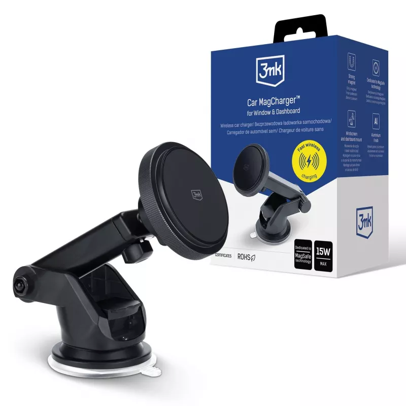 3mk MagCharger 15 W βάση αυτοκινήτου για κινητό με ασύρματη φόρτιση, μαύρη