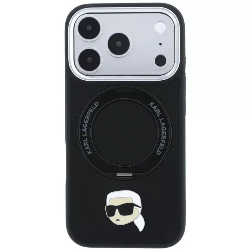 Θήκη Karl Lagerfeld MagSafe με δαχτυλίδι-βάση 360 και Karl Head Pin για iPhone 18 Pro / 17 Pro, μαύρη