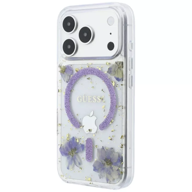 Guess GUE005781 Resin Flowers Glitter MagSafe θήκη για iPhone 18 Pro / 17 Pro, μωβ
