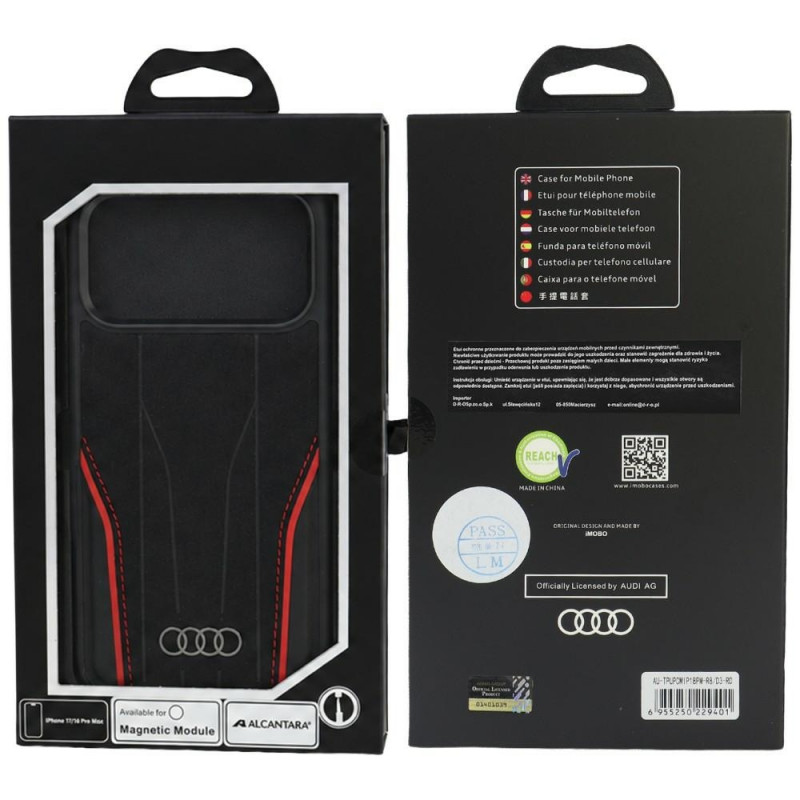 Θήκη Audi R8 Genuine Leather MagSafe από γνήσιο δέρμα για iPhone 18 Pro Max / 17 Pro Max, μαύρη και κόκκινη (AUDI000240)
