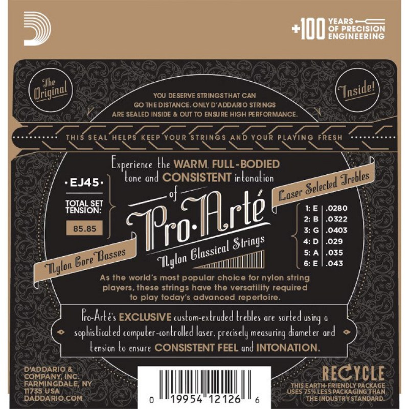 D'Addario EJ45 Pro-Arté νάιλον χορδές κλασικής κιθάρας, κανονική τάση, 28-43