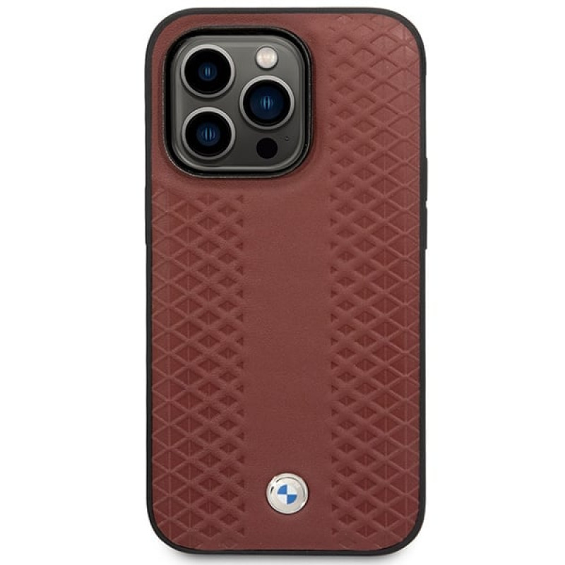 BMW BMHMP14L22RFGR Leather Diamond Pattern MagSafe θήκη για Apple iPhone 14 Pro 6,1″, μπορντό