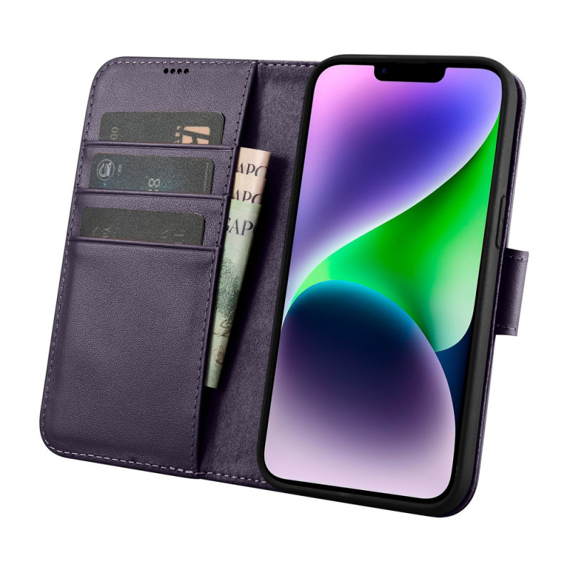iCarer Wallet Case 2in1 δερμάτινη θήκη με καπάκι για iPhone 14 Plus, Anti-RFID, σκούρο μωβ (WMI14220727-DP)