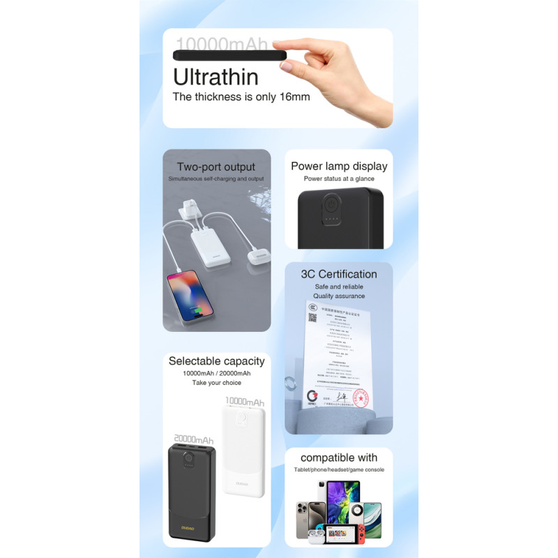 Powerbank Dudao K10 10000 mAh, 2 x USB-A, 2,4 A, λευκό