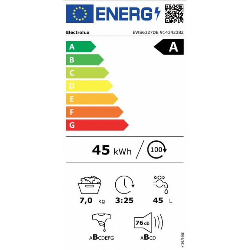 Electrolux EWS6327DE σειρά 600 SensiCare πλυντήριο ρούχων εμπρόσθιας φόρτωσης, 7 kg, λευκό