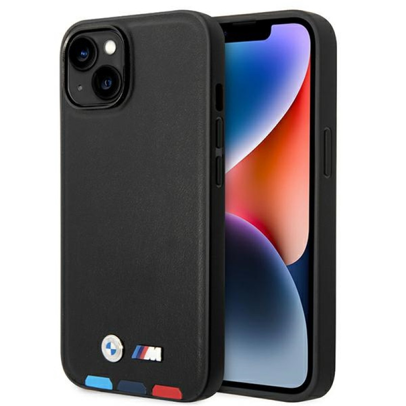 Θήκη BMW BMHMP14M22PTDK για Apple iPhone 14 Plus / 15 Plus, Leather Stamp Tricolor MagSafe, μαύρη