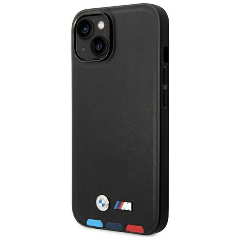 Θήκη BMW BMHMP14M22PTDK για Apple iPhone 14 Plus / 15 Plus, Leather Stamp Tricolor MagSafe, μαύρη